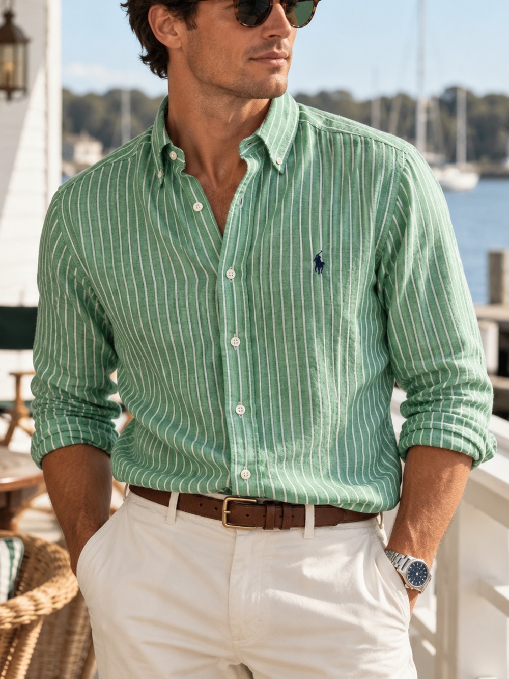 Polo Ralph Lauren Shirt 100% Linen Striped Green White Button Up Mens XL Classic